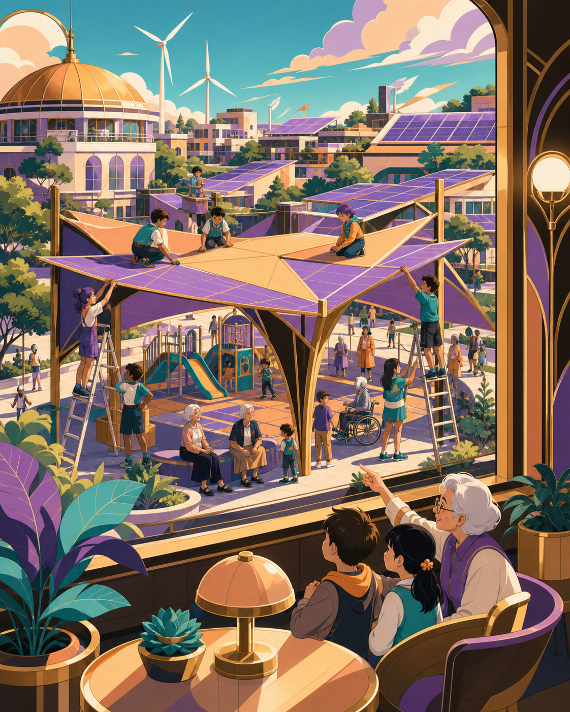 Schoolchildren helping install shade panels over a public playground, on a bright weekend when public spaces are shared across generations. Elevated neighborhood view showing connected sustainable systems. Apricot, orchi