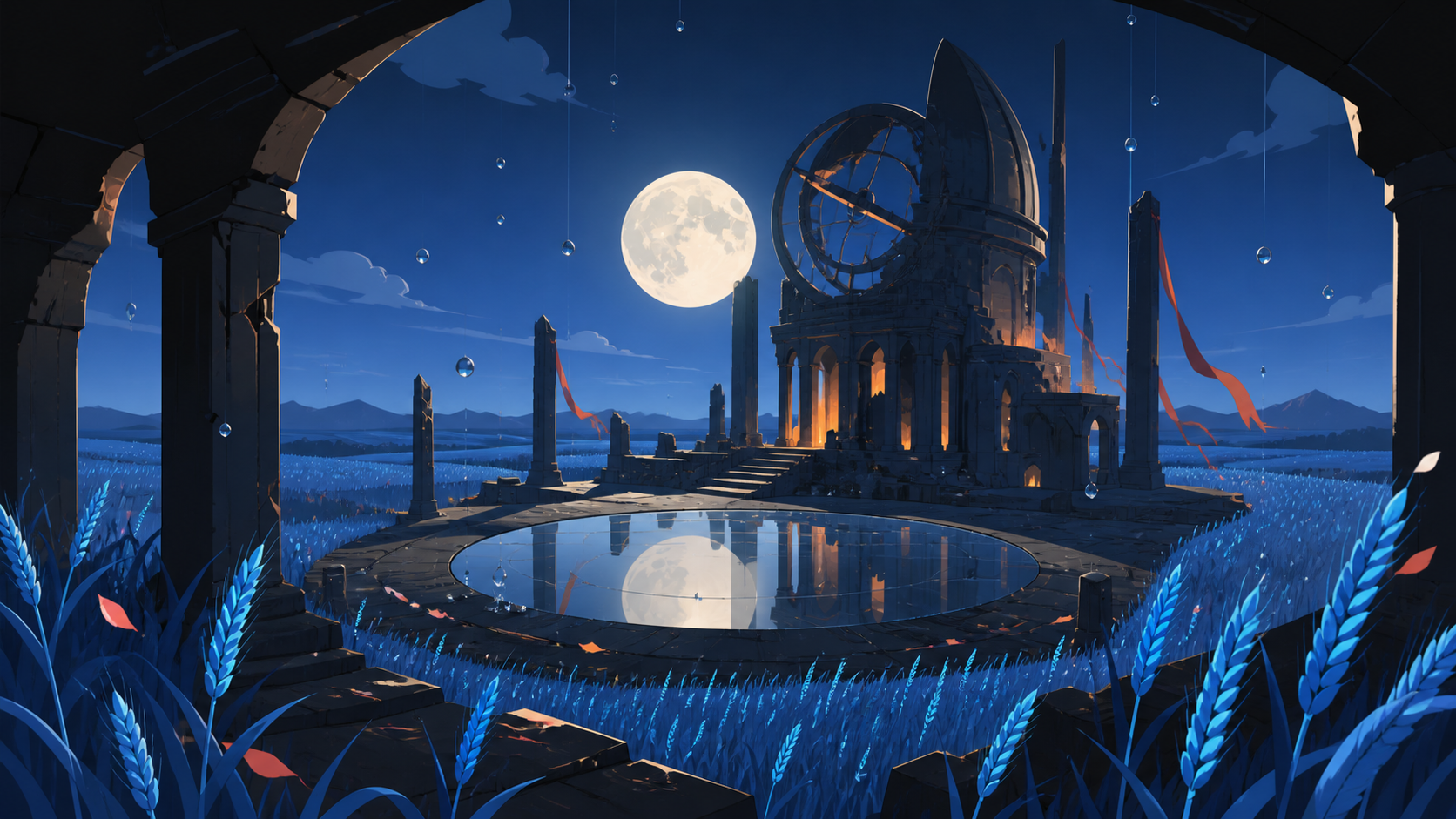 A ruined observatory surrounded by fields of luminous blue wheat, during gentle rainfall that turns into floating glass beads. Wide landscape composition with dramatic foreground framing. Amber, walnut brown, rain blue, 