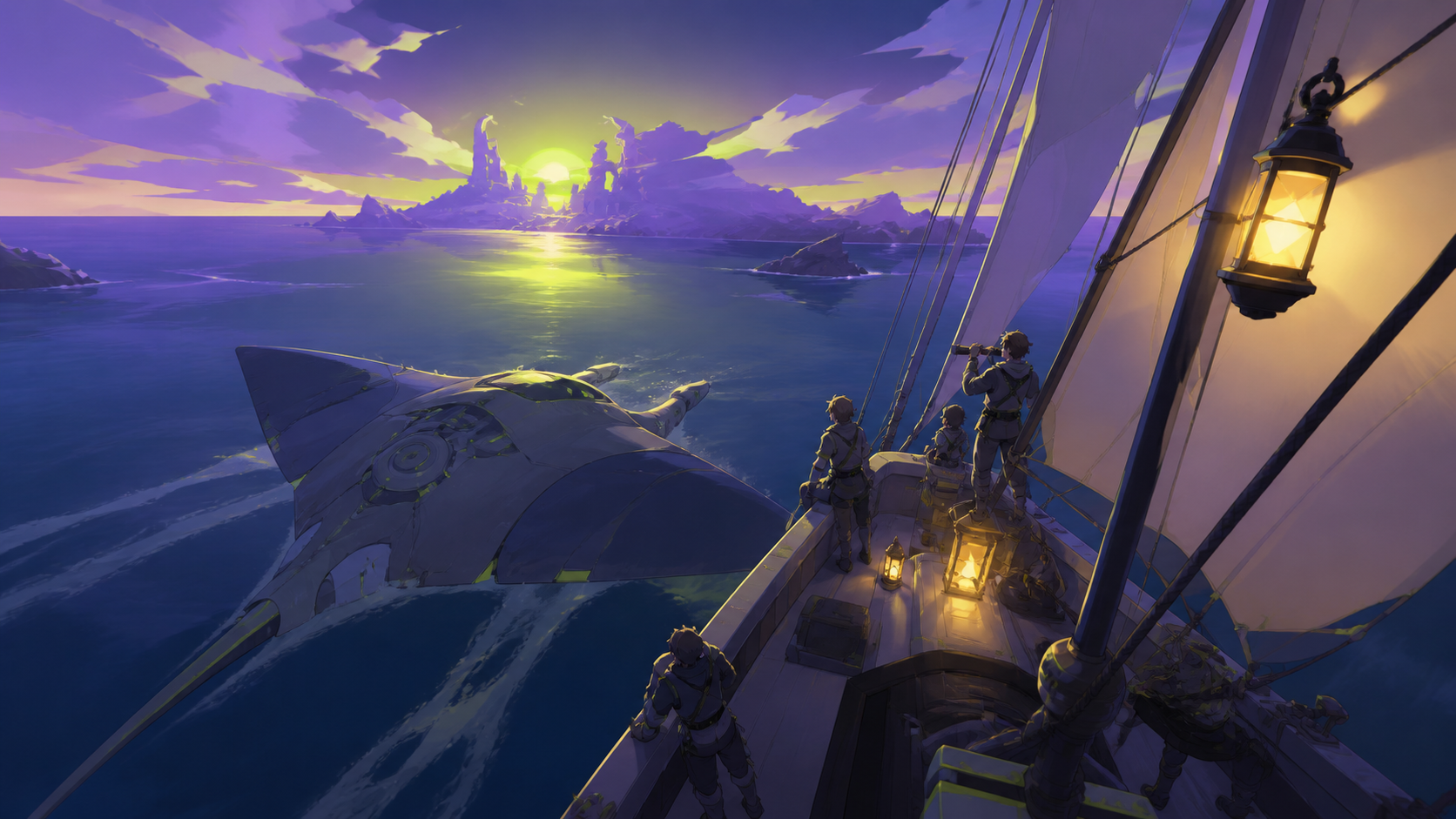A small research crew sailing beside a vast mechanical manta ray, at the approach to a destination none of the crew has seen before. High coastal viewpoint following the ship's route through the scene. Acid lime, ultravi