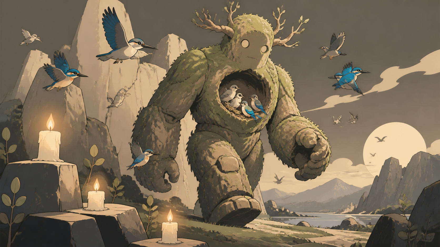 A gentle moss-covered guardian with a hollow chest full of songbirds, crossing its natural habitat during a rare seasonal migration. Low-angle encounter framed by terrain and atmospheric depth. Soft monochrome with a sin