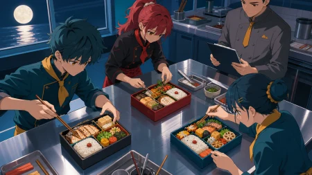 Teen culinary students racing to complete regional lunch boxes, during a supervised contest centered on craft rather than aggression. Overhead-leaning composition comparing several