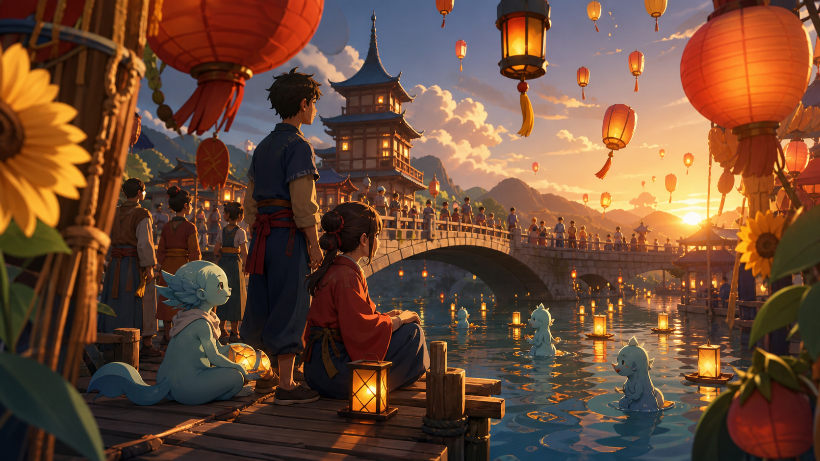 A river lantern festival attended by humans and shy water spirits, during the final hour when decorations begin drifting into the sky. Layered festival tableau framed by decorations close to the viewer. Clay red, sage, f