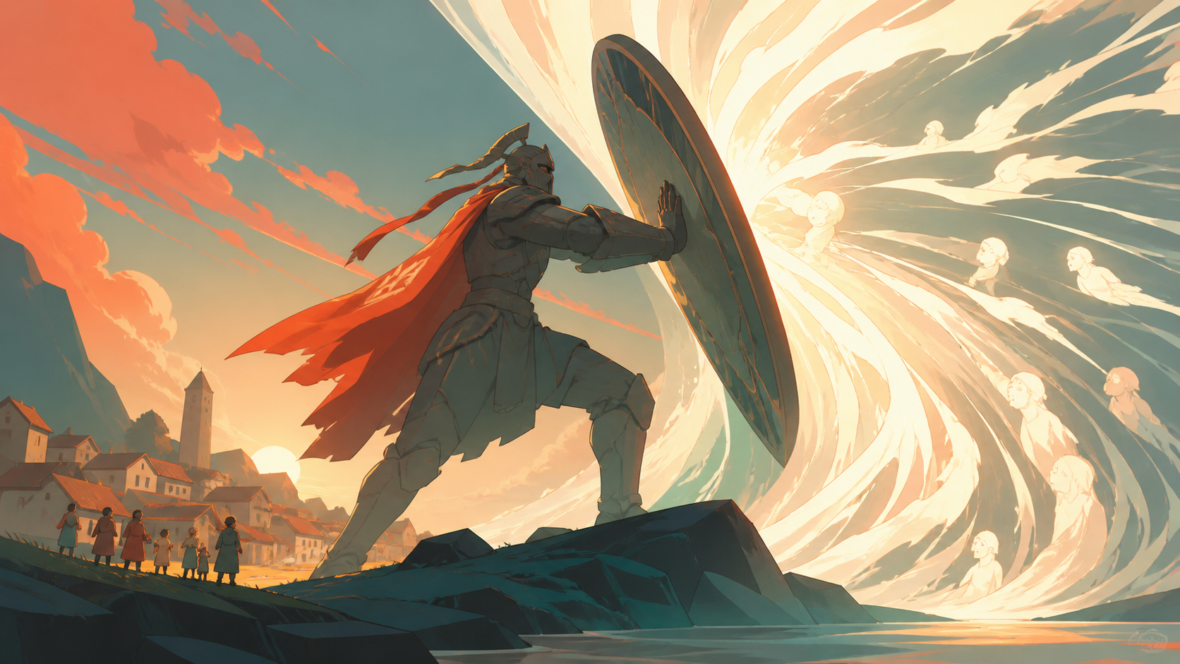 An armored guardian redirecting a river of living light away from a village, during a high-stakes task centered on protection rather than destruction. Dynamic low-angle view preserving clear silhouettes. Vermillion, char