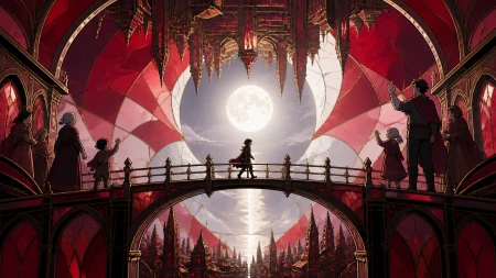 A bridge connecting cities that face one another across open air, as a traveler crosses the point where gravity changes direction. Vertical bridge view emphasizing the shared open-