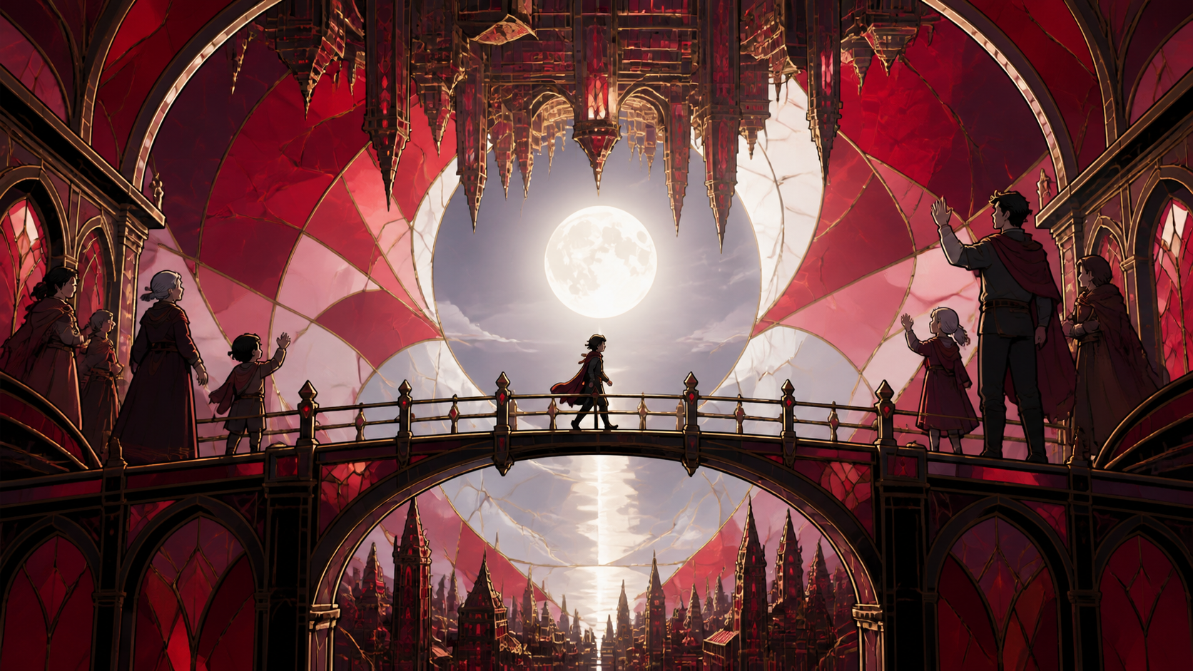 A bridge connecting cities that face one another across open air, as a traveler crosses the point where gravity changes direction. Vertical bridge view emphasizing the shared open-air center. Crimson, black cherry, muted