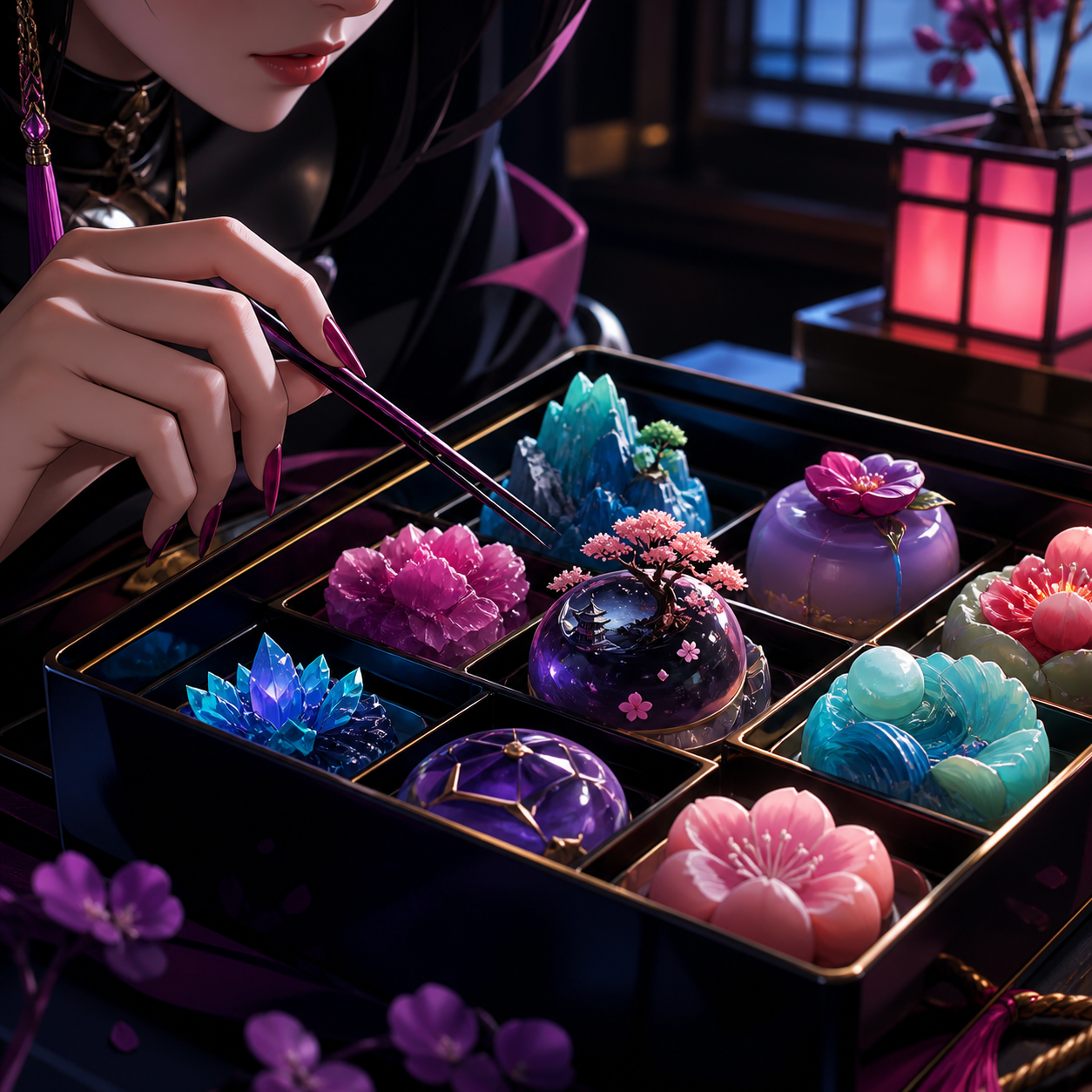 A jewel-like box of seasonal wagashi shaped as miniature fantasy landscapes, presented moments before someone takes the first bite. Intimate close-up with shallow depth and layered foreground details. Saturated magenta, 