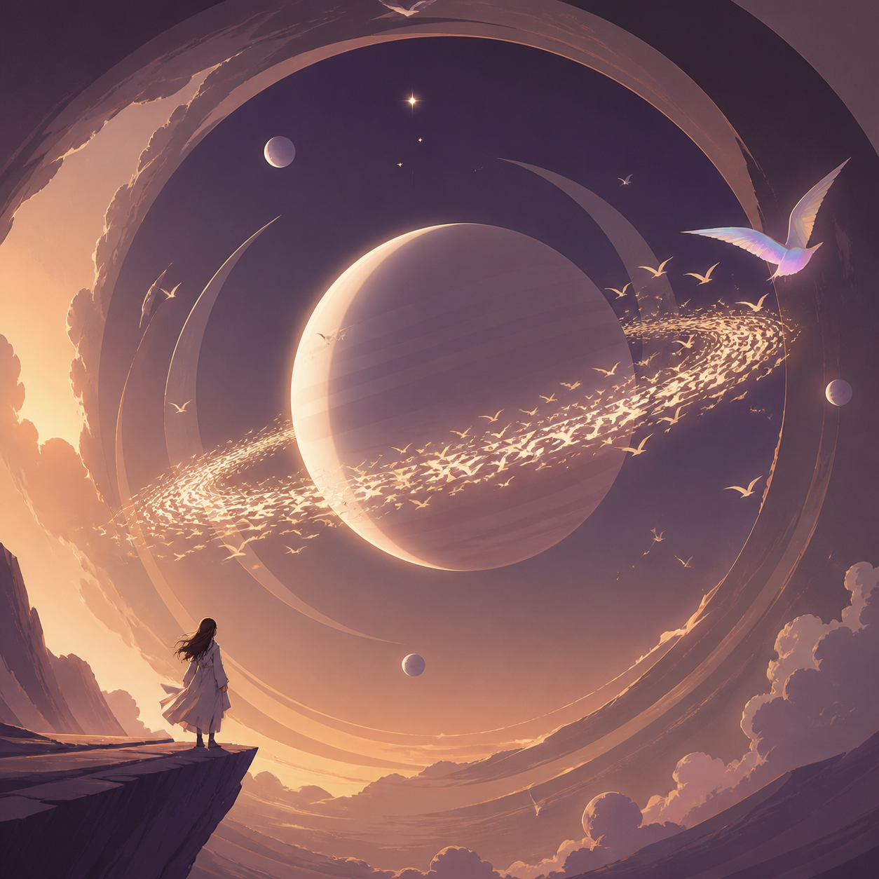 A ringed planet whose rings are made from migrating luminous birds, at the calm center of a vast gravitational phenomenon. Graphic celestial composition organized around a bold circular form. Mulberry, tea brown, tarnish