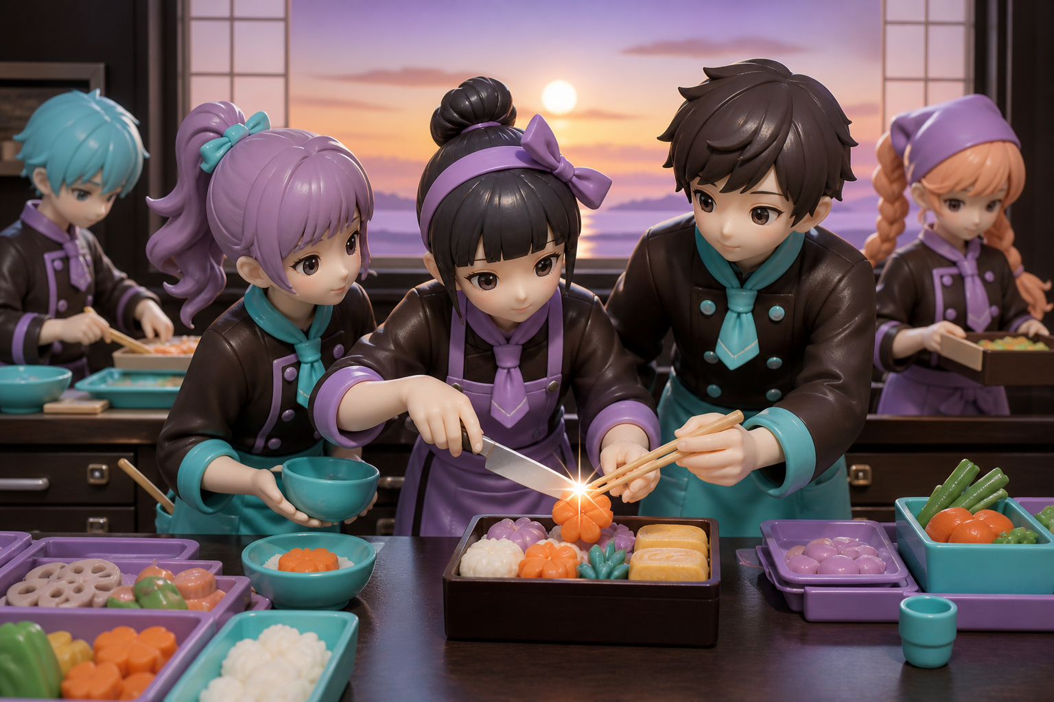 Teen culinary students racing to complete regional lunch boxes, when competitors pause to help one another finish safely. Counter-height action view centered on one precise cooking motion. Apricot, orchid purple, pool tu