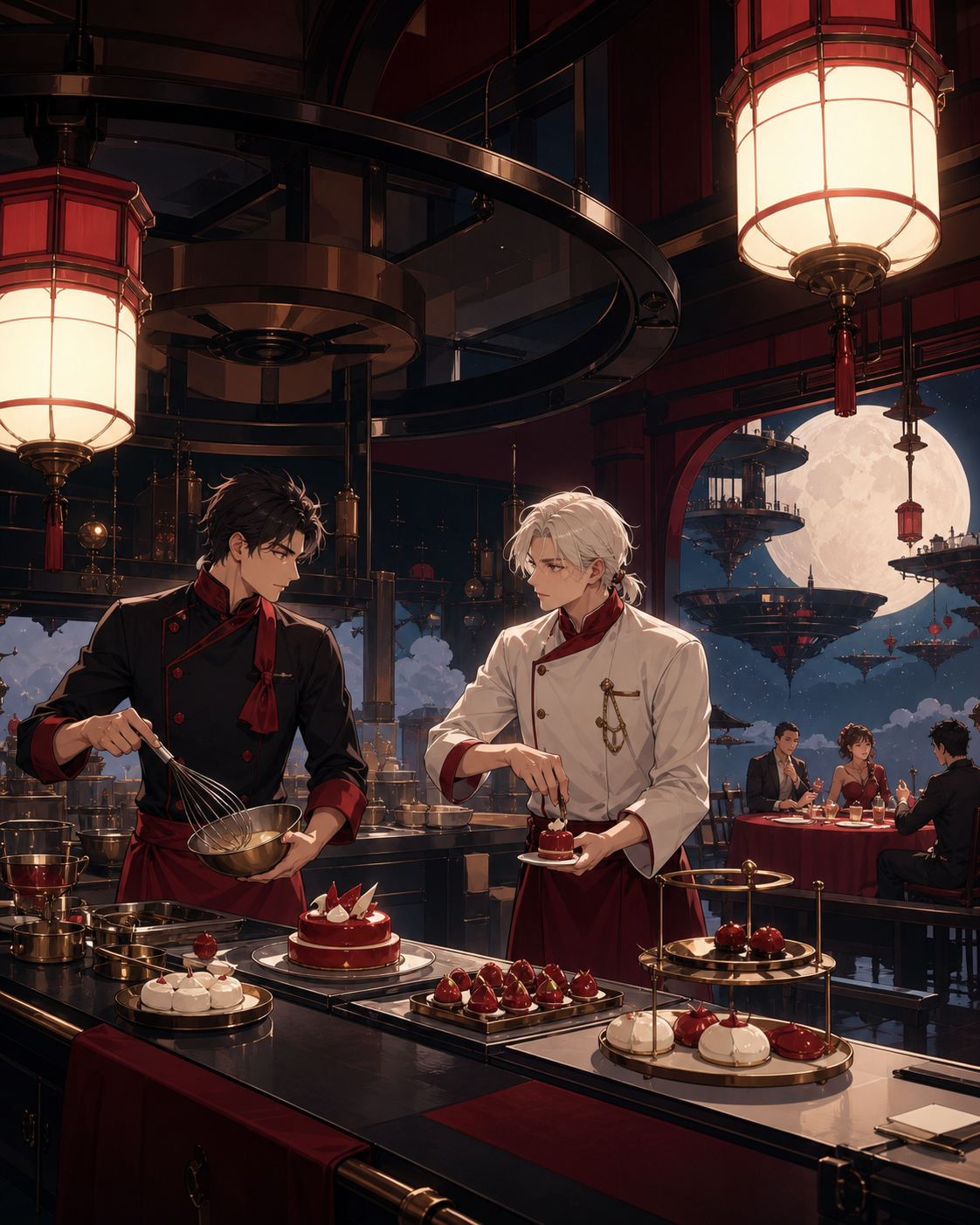 Two rival pastry chefs collaborating when their floating kitchen loses power, shown through the rhythm of preparation and service. Wide kitchen-and-dining frame linking preparation to the people being served. Crimson, bl