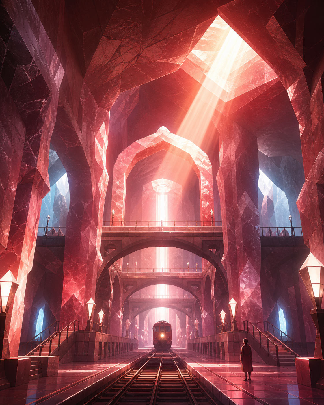 An underground railway cathedral carved from luminous salt, as sunlight passes through it in physically impossible directions. Architectural hero view with controlled symmetry and deep spatial layers. Crimson, black cher