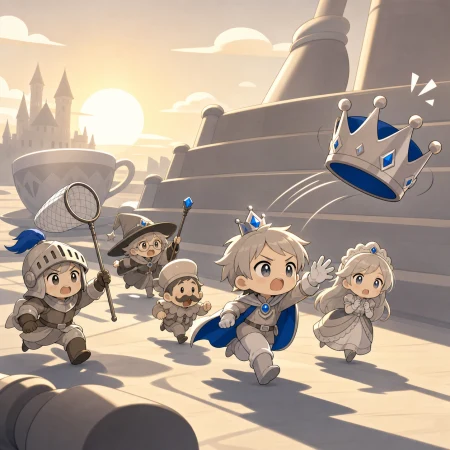 A tiny royal court attempting to catch a runaway crown, on a colorful journey where every obstacle is larger than the heroes. Centered ensemble pose interrupted by one moving objec