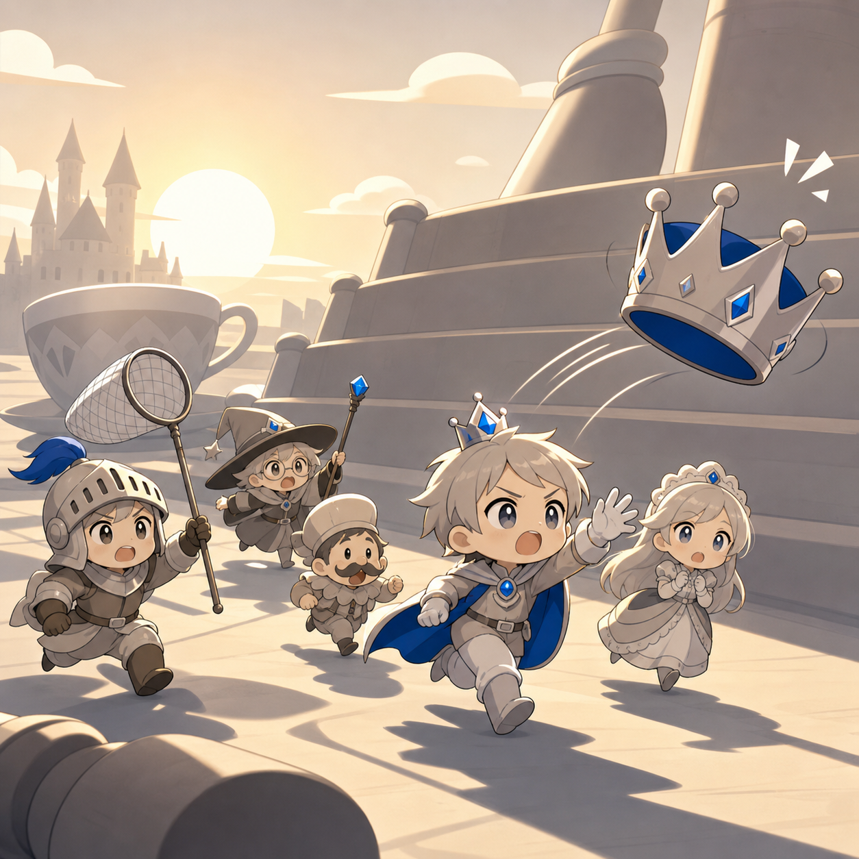 A tiny royal court attempting to catch a runaway crown, on a colorful journey where every obstacle is larger than the heroes. Centered ensemble pose interrupted by one moving object. Soft monochrome with a single saturat