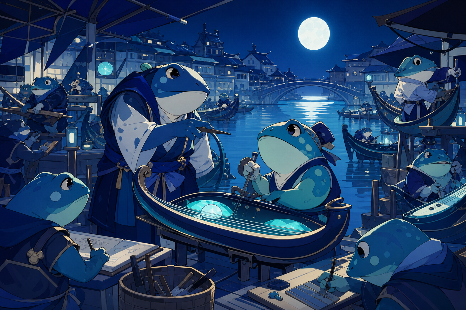 A riverside town where round amphibian artisans build musical boats, during an ordinary busy period full of recognizable routines. Busy civic tableau with one central interaction guiding the eye. Ultramarine, bioluminesc