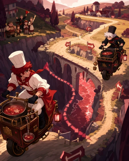 Rival chefs delivering enchanted soup by one-wheeled kitchen carts, as an unexpected shortcut rewards cleverness over speed. Elevated course map-like view organized around one deci