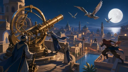 Astronomers operating a colossal brass instrument at a hilltop observatory, during one fast-moving night of discovery, pursuit, and negotiation. Rooftop chase spanning several dist