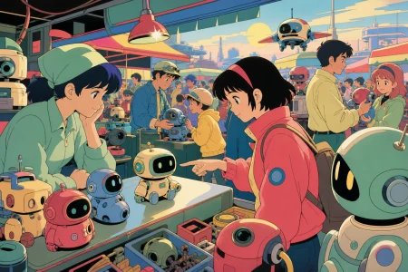 A teen choosing a tiny companion robot from a crowded repair stall, at the busiest hour with many distinct but readable transactions. Close counter scene framed by product shapes a