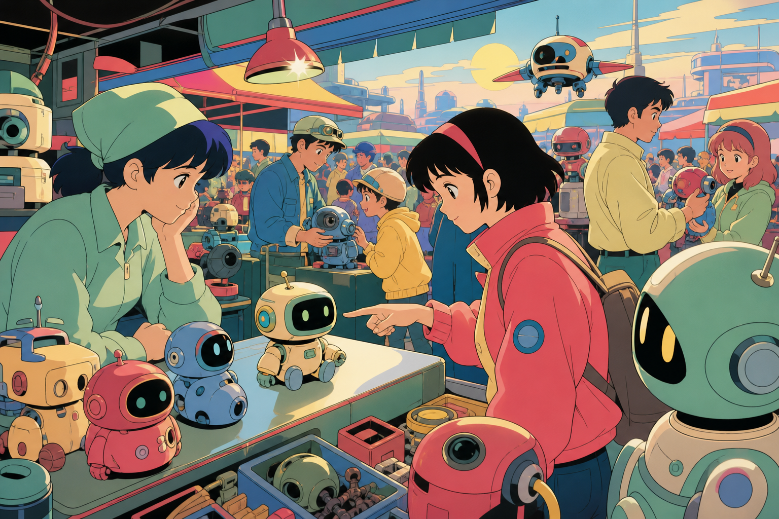 A teen choosing a tiny companion robot from a crowded repair stall, at the busiest hour with many distinct but readable transactions. Close counter scene framed by product shapes and expressive customers. Soft pistachio,