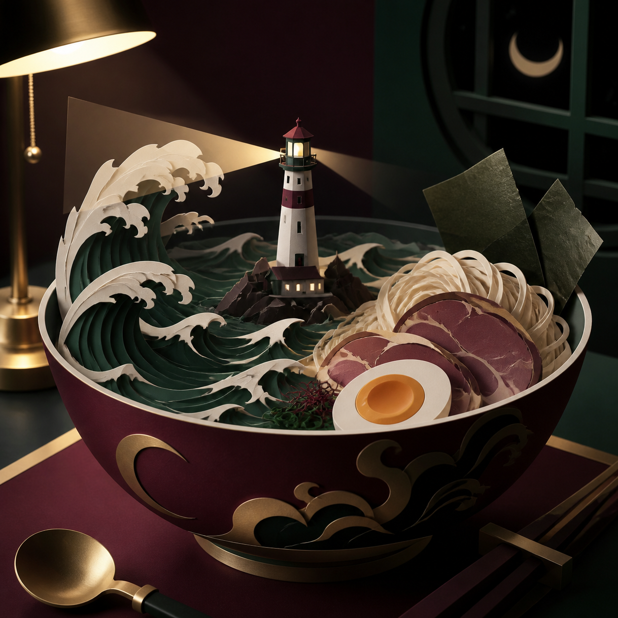 A midnight ramen bowl containing a tiny stormy ocean and lighthouse, lit for a magical late-night café menu without any written text. Intimate close-up with shallow depth and layered foreground details. Burgundy, midnigh