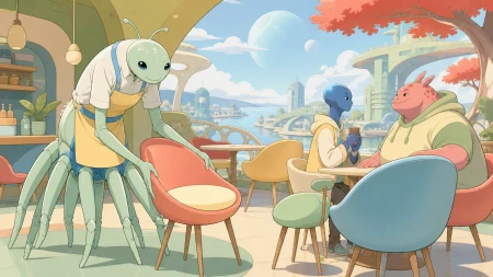 A many-legged café owner arranging chairs for several body shapes, on a normal school or work day with imaginative surroundings. Intimate two-group exchange with the unusual enviro