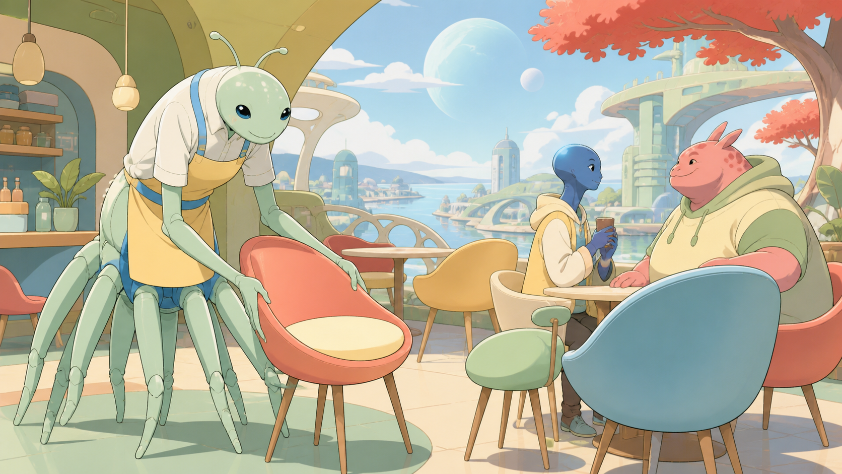 A many-legged café owner arranging chairs for several body shapes, on a normal school or work day with imaginative surroundings. Intimate two-group exchange with the unusual environment visible beyond. Soft pistachio, bu