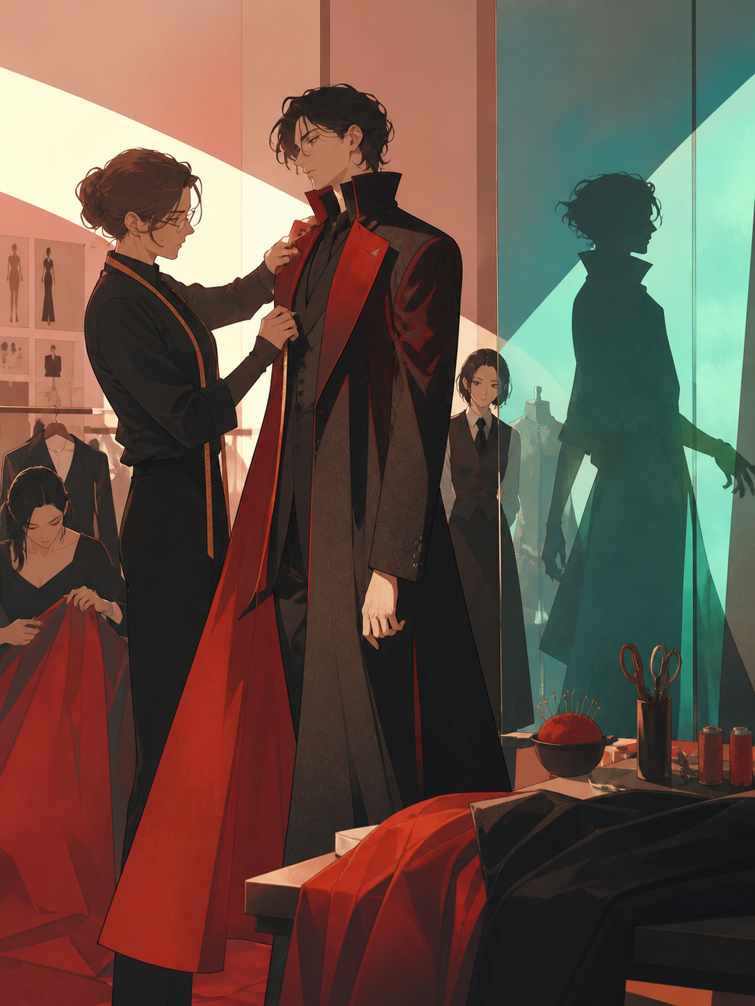 An adult designer fitting a formal coat whose shadow moves independently, captured as a character-driven editorial moment rather than a product display. Backstage ensemble scene organized around the central fitting. Verm