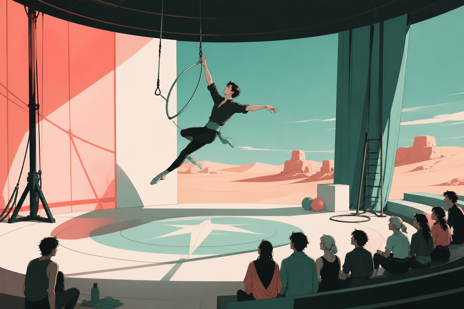 An acrobat performing above a quiet audience in a circular desert pavilion, during rehearsal with visible stagecraft adding to the charm. Stage-wide composition using negative space to emphasize movement. Celadon, coral 