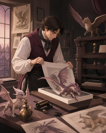 A Renaissance-era printmaker whose illustrated creatures leave the page at night, during ordinary work rather than a royal ceremony or battlefield. Painterly historical scene cente