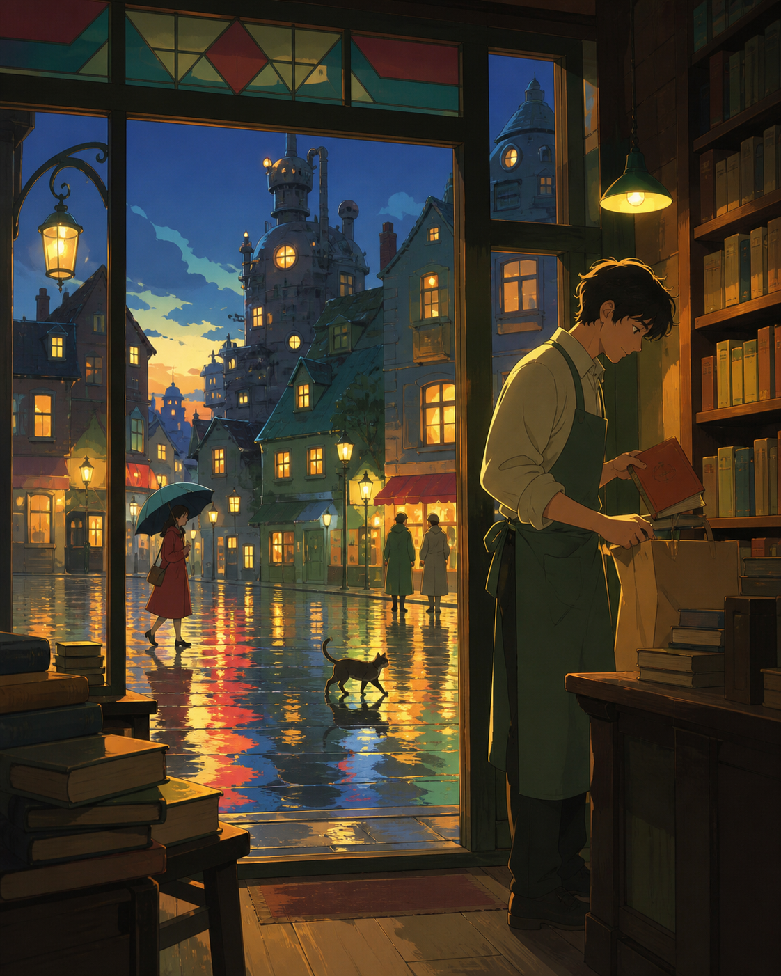 The owner of a tiny used-book shop closing long after midnight, just after rain leaves every street reflecting a different color. Cinematic wide shot composed through windows, signs without readable text, and reflections