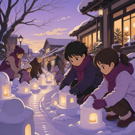 Siblings constructing a tiny lantern village from packed snow, as neighbors of several generations join the same activity. Low action view along a sled or skating path. Mulberry, t