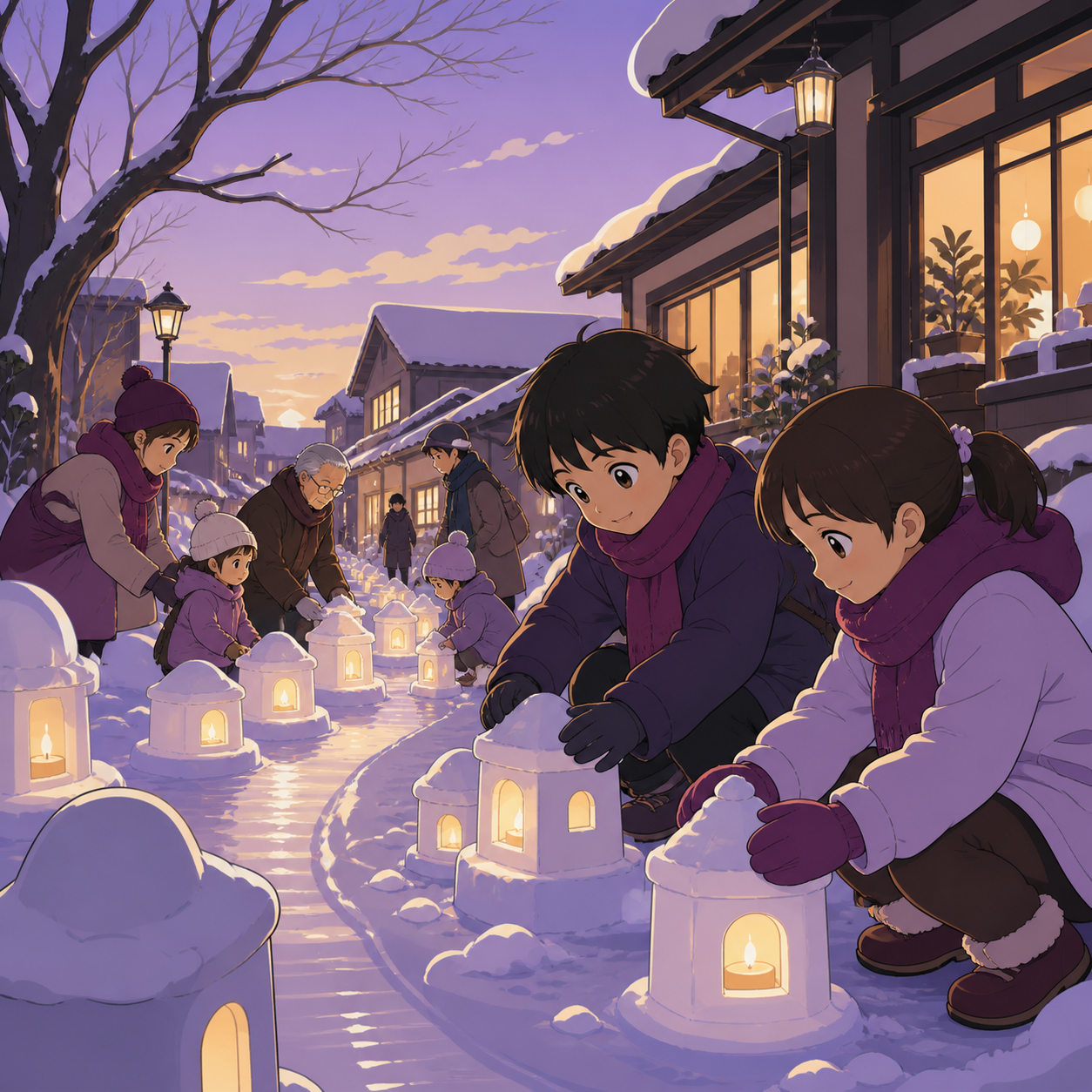 Siblings constructing a tiny lantern village from packed snow, as neighbors of several generations join the same activity. Low action view along a sled or skating path. Mulberry, tea brown, tarnished silver, and pale lil