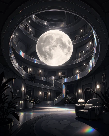 An impossible hotel whose hallways curve around a captive moon, shown empty just before its inhabitants wake. Architectural hero view with controlled symmetry and deep spatial laye