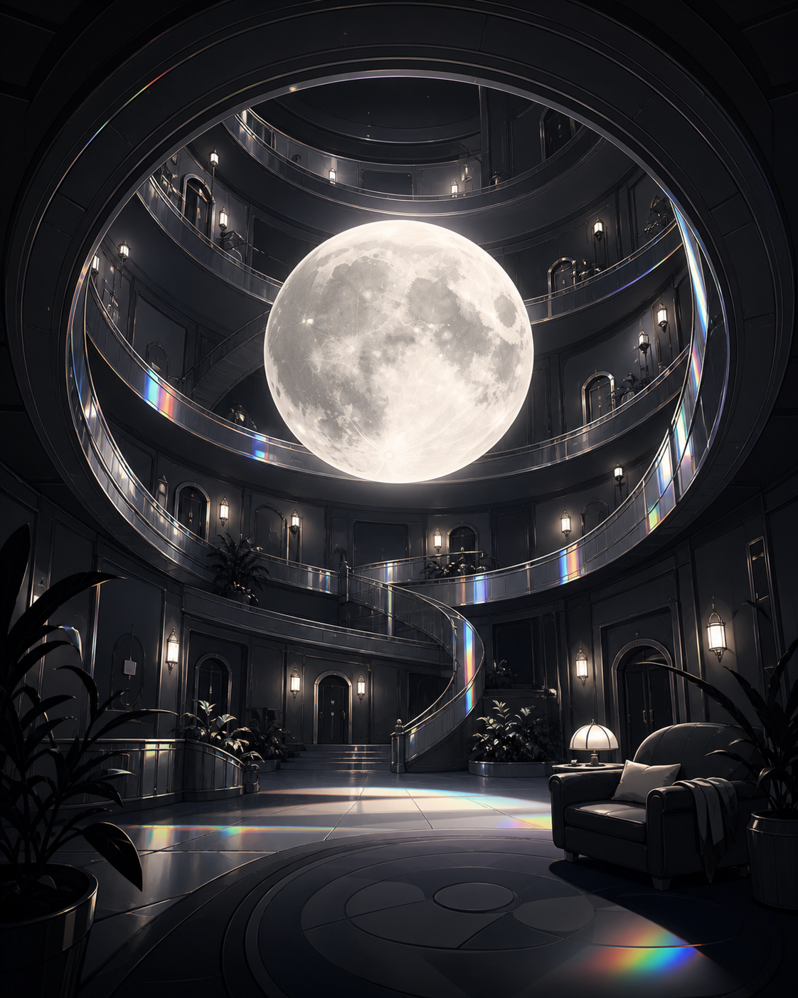 An impossible hotel whose hallways curve around a captive moon, shown empty just before its inhabitants wake. Architectural hero view with controlled symmetry and deep spatial layers. Monochrome graphite with selective h