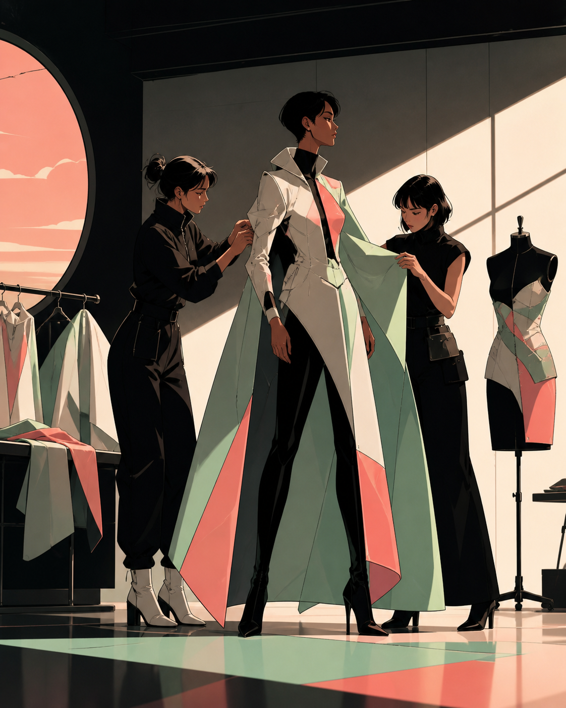 Two adult stylists assembling an avant-garde look from reclaimed spacecraft fabric, as an unexpected material behavior inspires a better final design. Full-body editorial frame with generous negative space. Celadon, cora