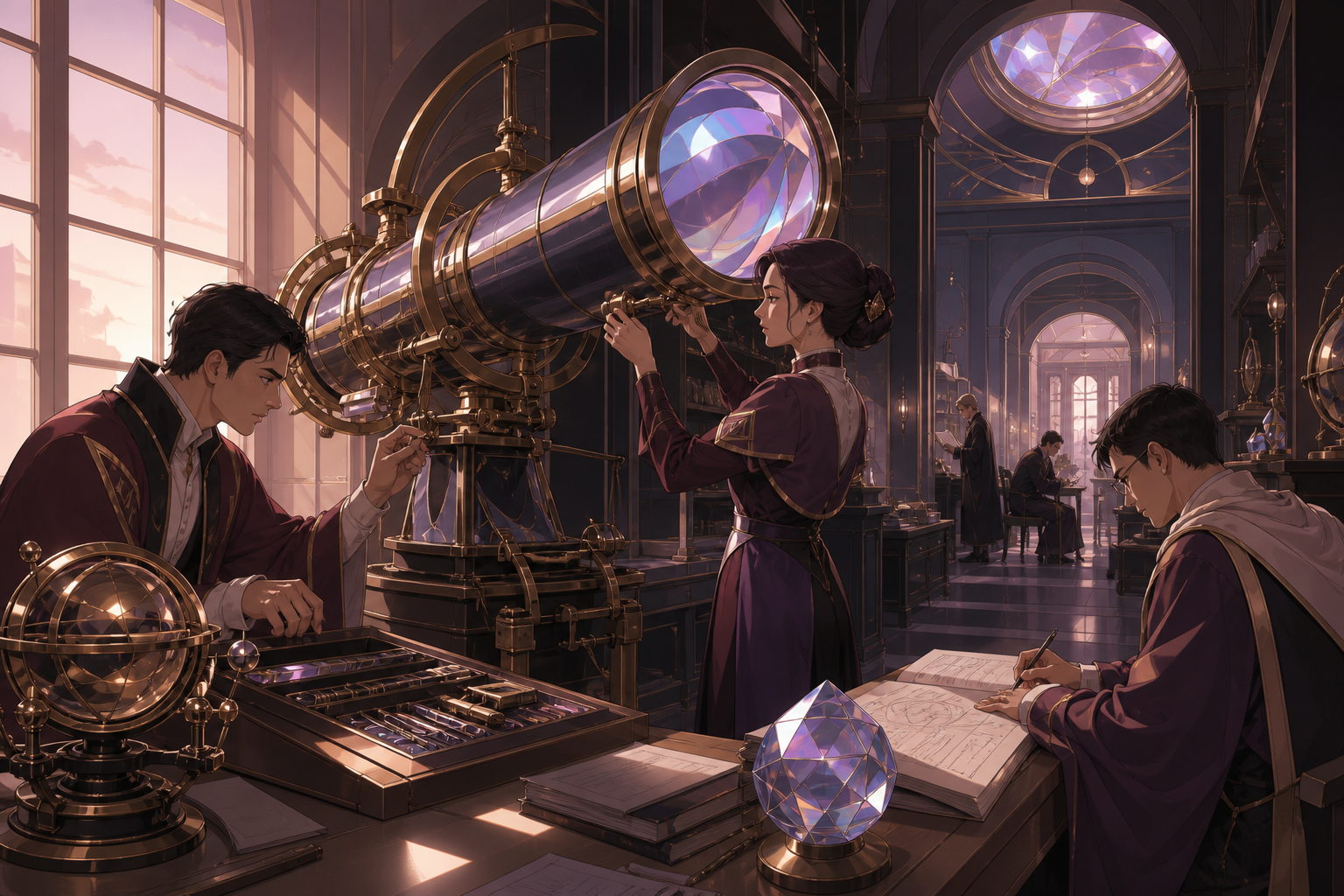 Adult astronomy students calibrating a telescope that observes possible futures, shown through practical academic work rather than ceremonial magic. Library perspective following a visual trail through several study zone