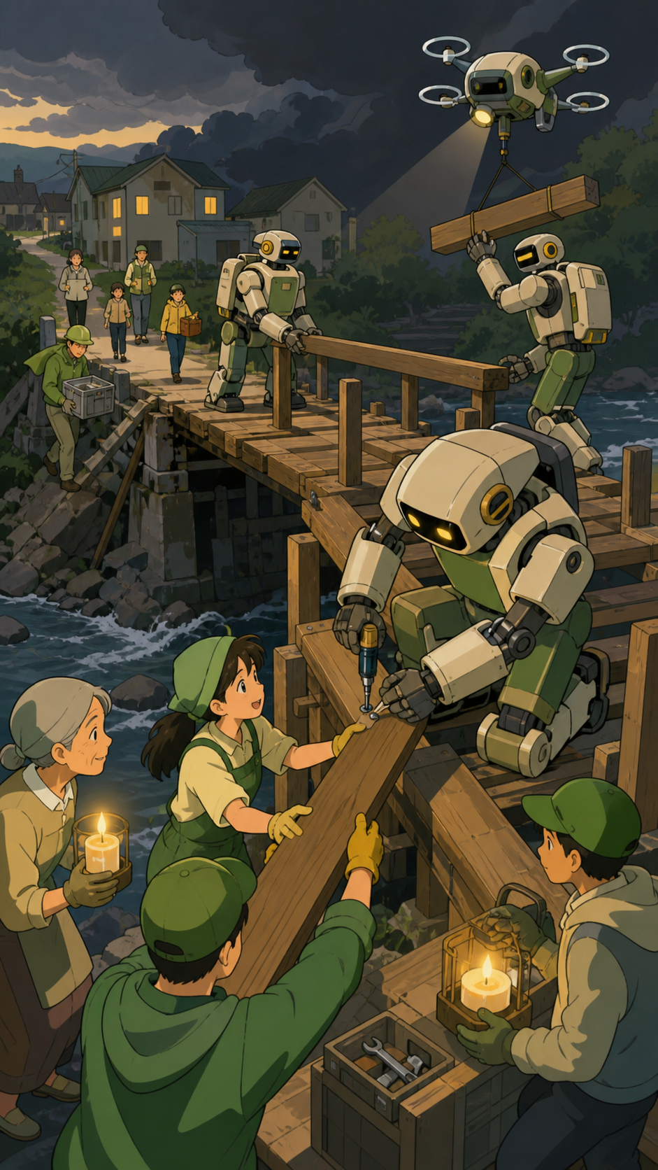 A team of service robots rebuilding a neighborhood footbridge after a storm, with ordinary people contributing through distinct useful tasks. Wide operational scene with a clear route from danger toward safety. Moss gree