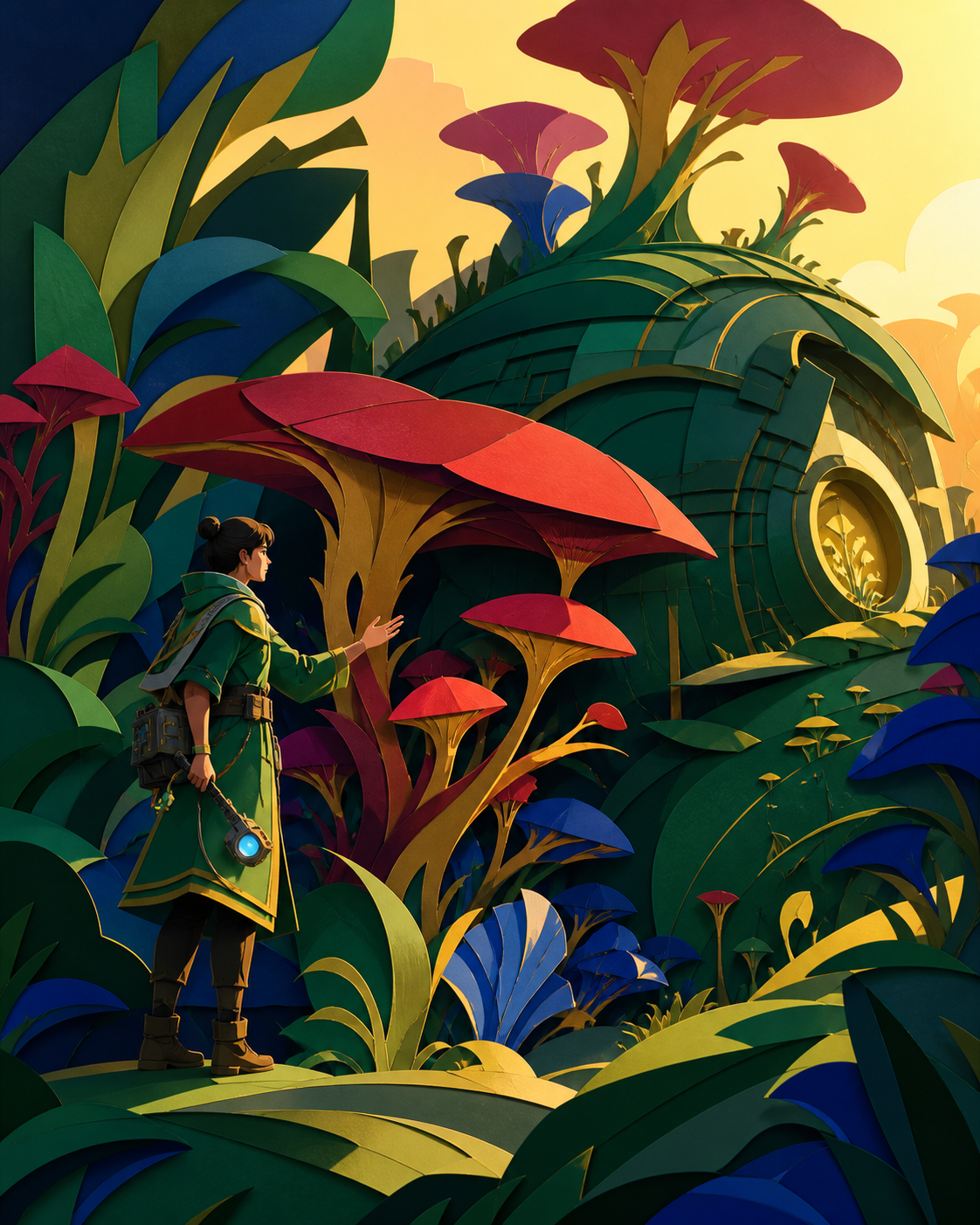 An adult botanist negotiating with a newly intelligent fungal forest, during a routine caretaking task that reveals the scale of the ecosystem. Lush environmental composition with technology discovered gradually among pl