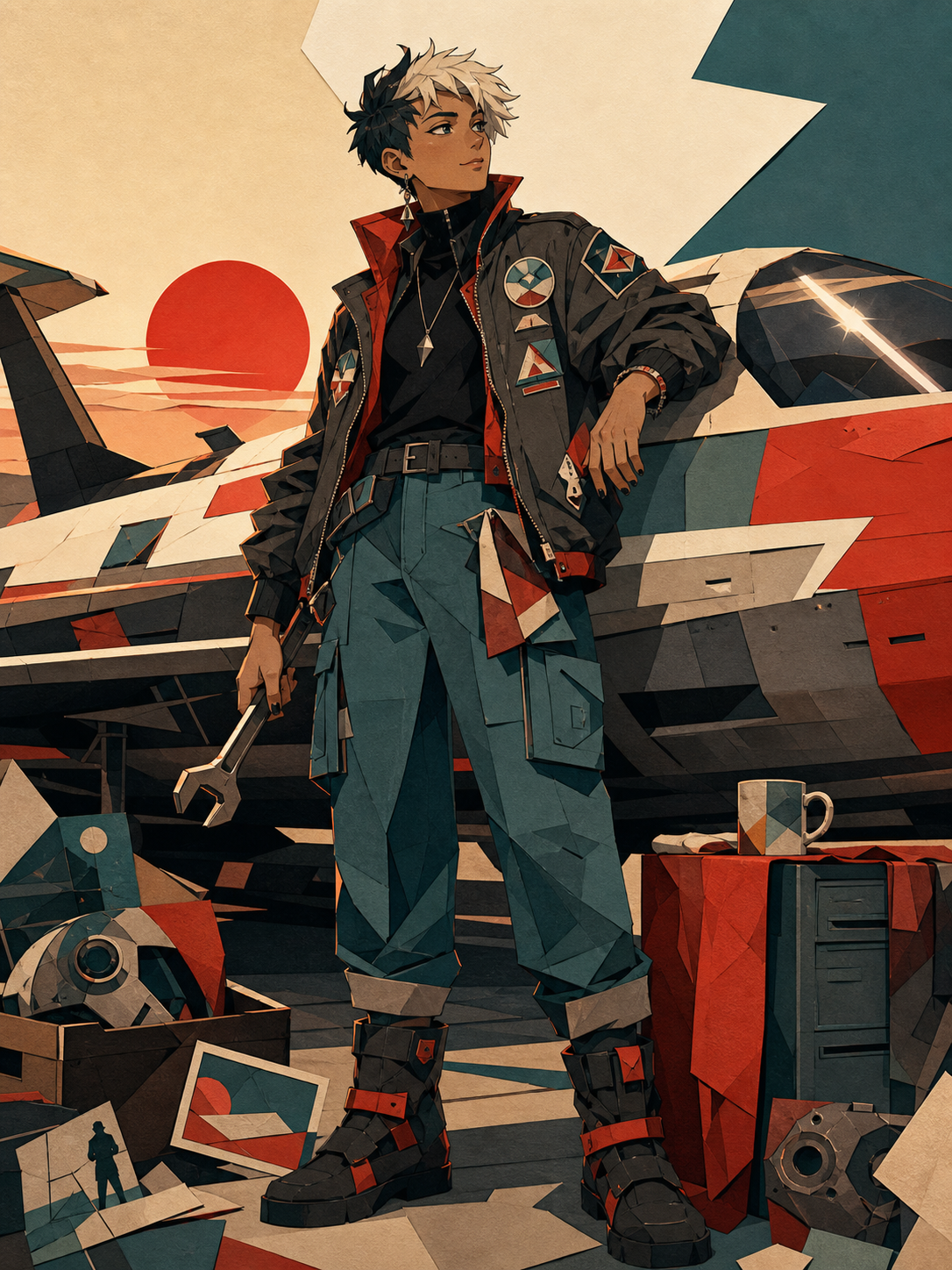 An adult nonbinary spacecraft mechanic wearing a patched flight jacket, surrounded by a few objects that quietly reveal their history. Confident full-body editorial portrait with a strong graphic silhouette. Vermillion, 