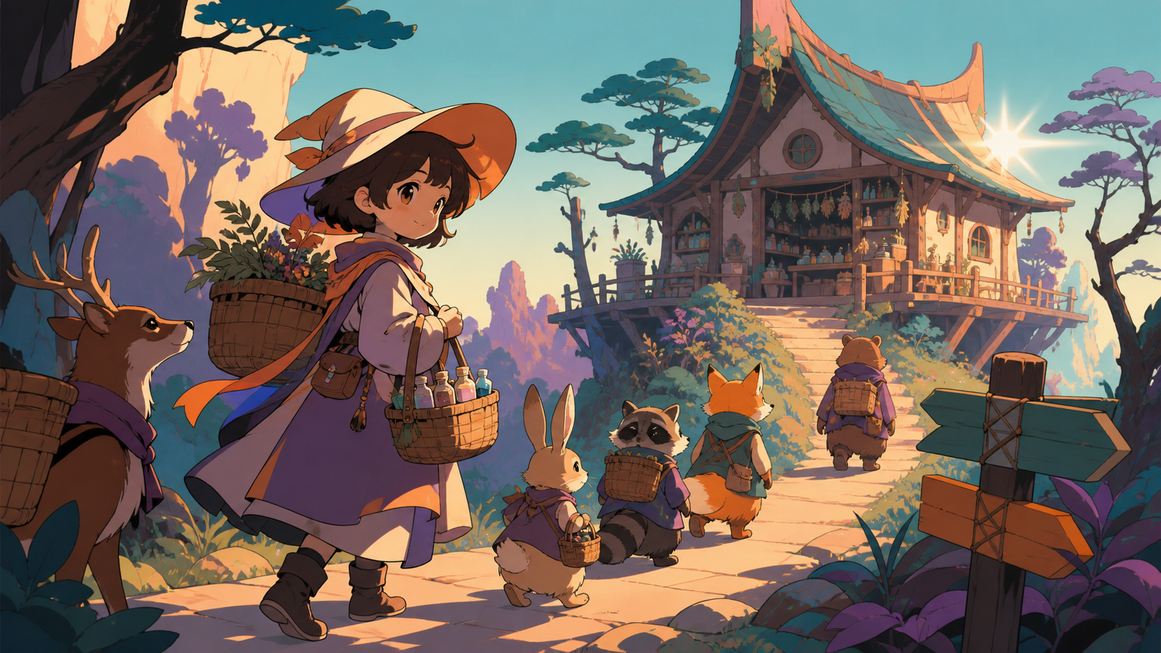 A chibi herbalist running a clinic for woodland creatures, as the forest community prepares for a seasonal change. Wide path composition leading the group toward a clear destination. Apricot, orchid purple, pool turquois