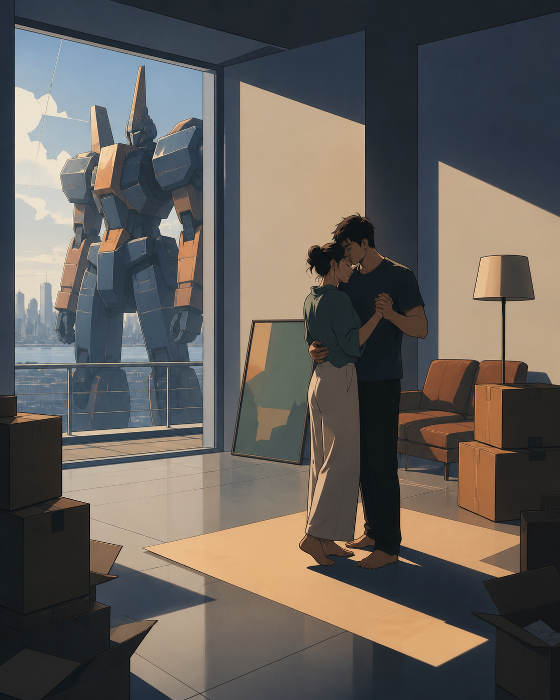 An adult couple slow-dancing while packing an almost-empty apartment, during a bittersweet transition with the environment carrying the emotion. Observational long shot where one small gesture becomes the focal point. Mo