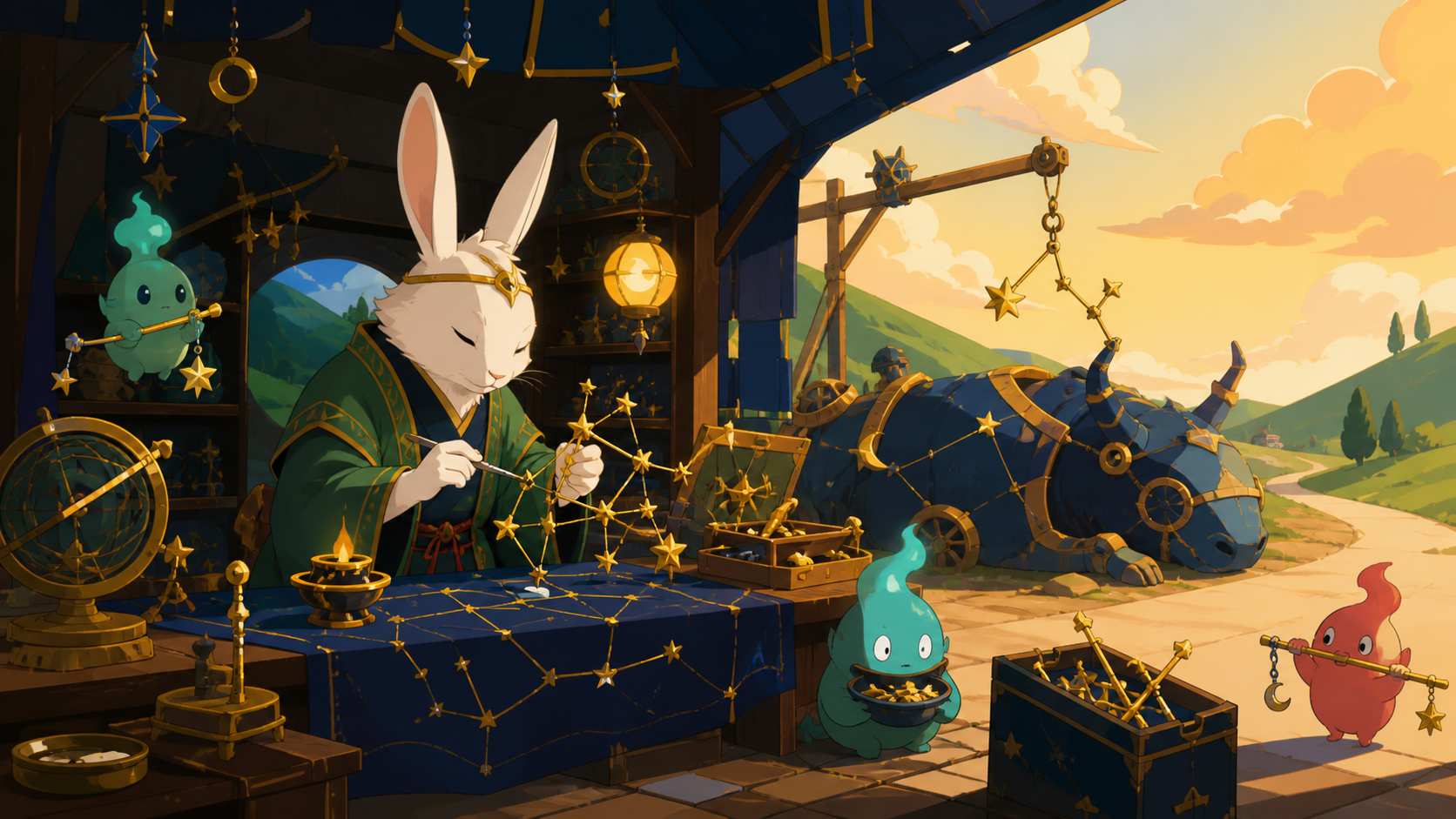A moon rabbit operating a roadside repair shop for broken constellations, performing a small ritual whose meaning is revealed through objects. Storybook narrative scene with a clear beginning and implied aftermath. Emera