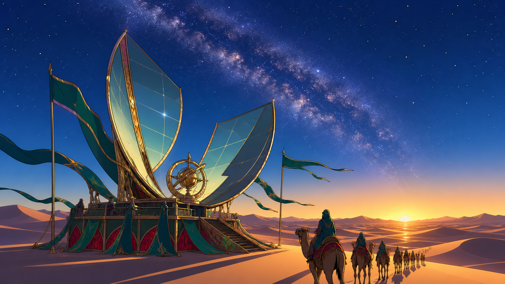 A nomadic observatory opening its mirrored sails beneath the Milky Way, seen in the blue hour when heat gives way to starlight. Extreme wide landscape with a small but readable journey crossing it. Emerald, stained-glass