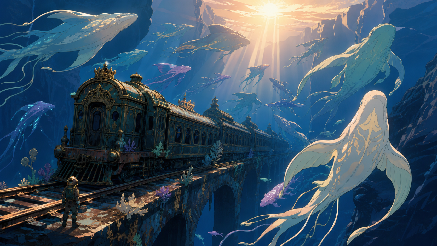 A sunken royal train crossing an ocean trench on intact rails, as a migration of unfamiliar luminous animals passes through. Vertical descent composition with a tiny explorer providing scale. Moonlit indigo, oxidized cop