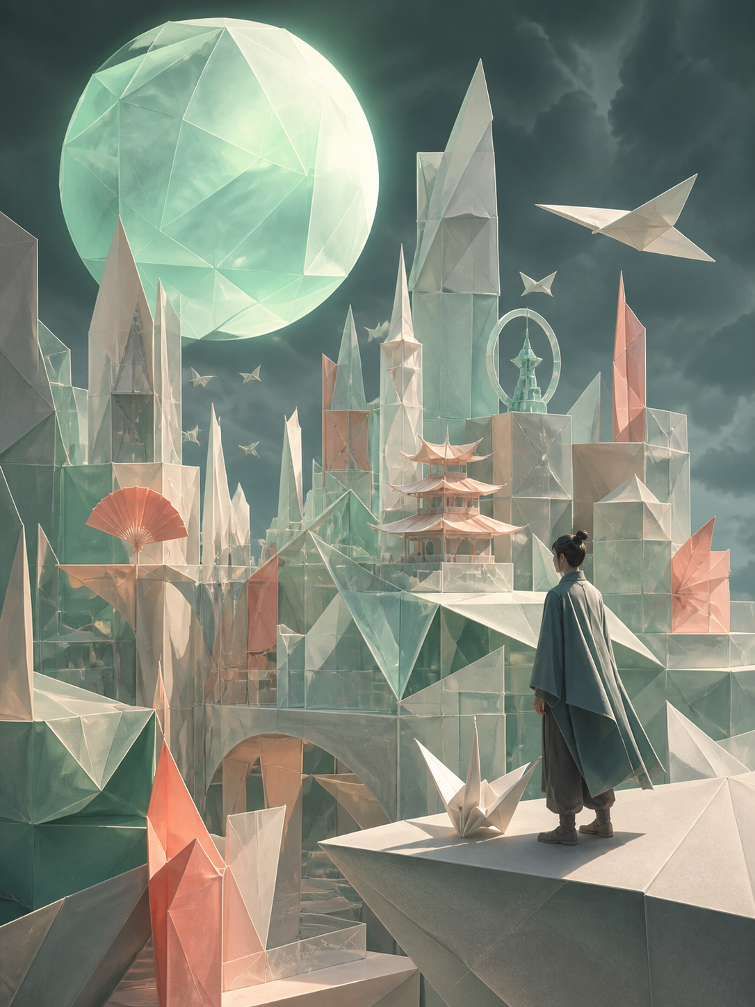 A city assembled entirely from folded memories represented as translucent paper, built from layered symbolic objects that reward close inspection. Bold gallery-poster composition with no typography. Sea-glass green, fade