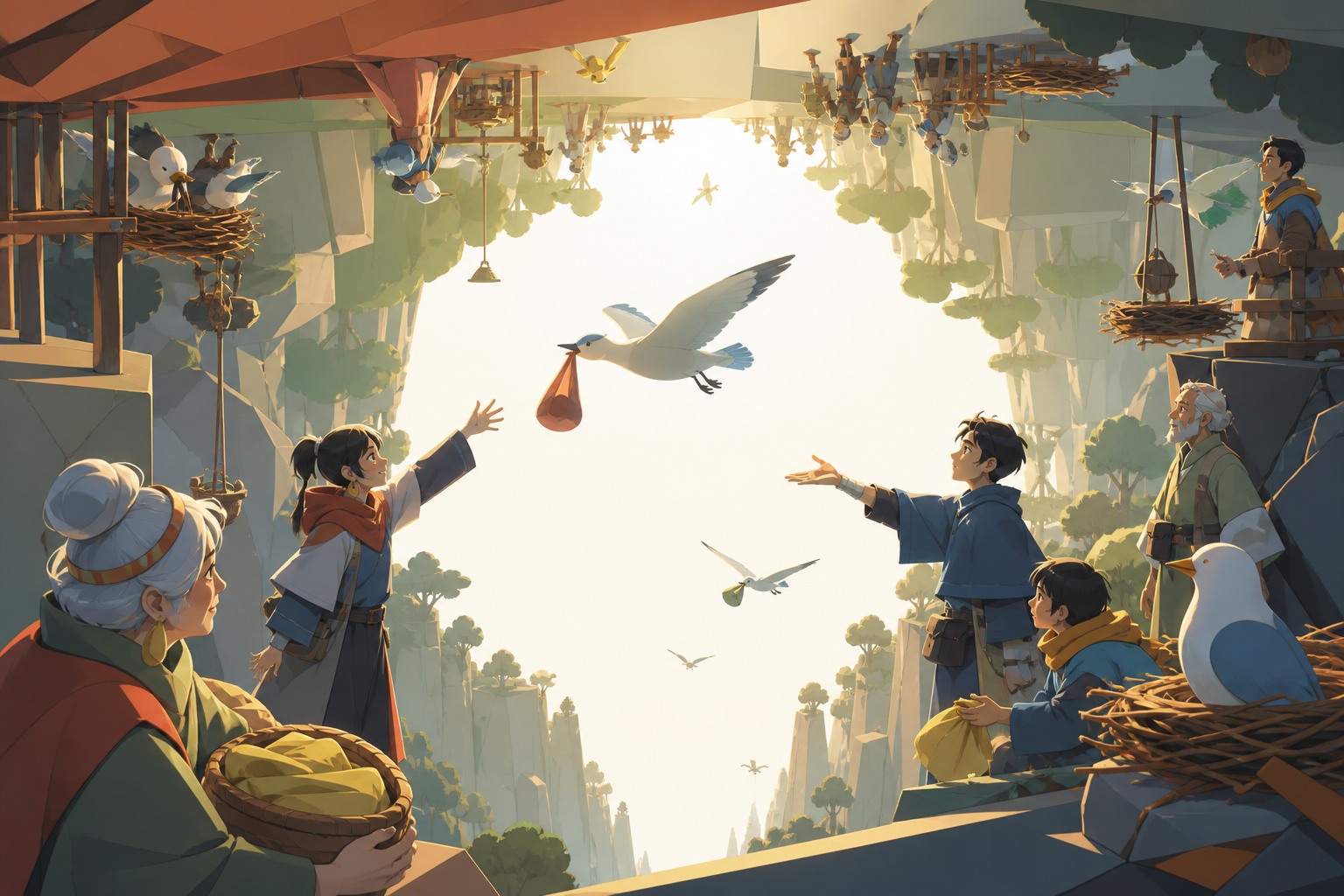 Birds calmly nesting between two opposing forests, during an everyday exchange across the central open space. Character-level composition at the exact gravity transition. Clay red, sage, faded denim, and sunflower yellow