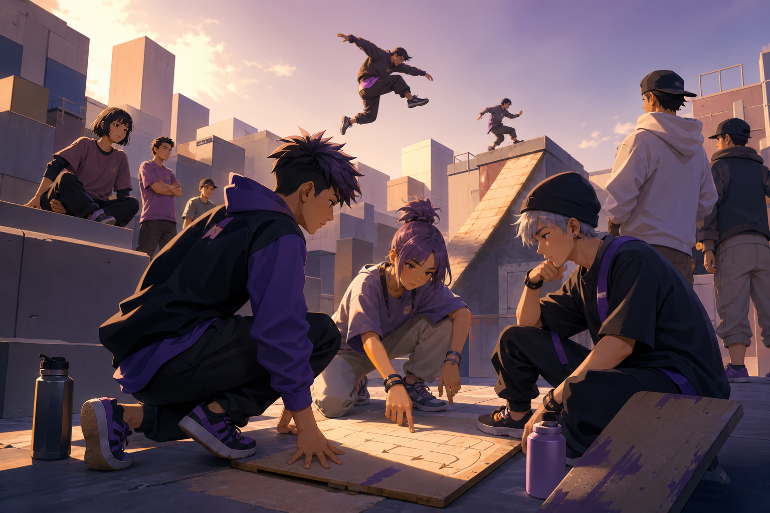 Young parkour friends mapping a safe route across geometric rooftops, as passersby form an informal audience. Ensemble composition linking several different activities across the plaza. Mulberry, tea brown, tarnished sil