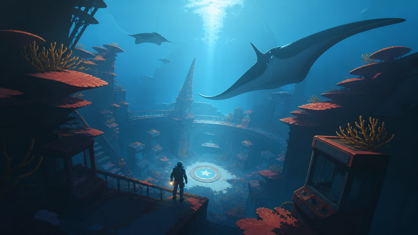 An abandoned underwater arcade slowly becoming a coral reef, during the brief hour when sunlight reaches the seafloor. Vertical descent composition with a tiny explorer providing scale. Pine black, snow blue, cedar red, 