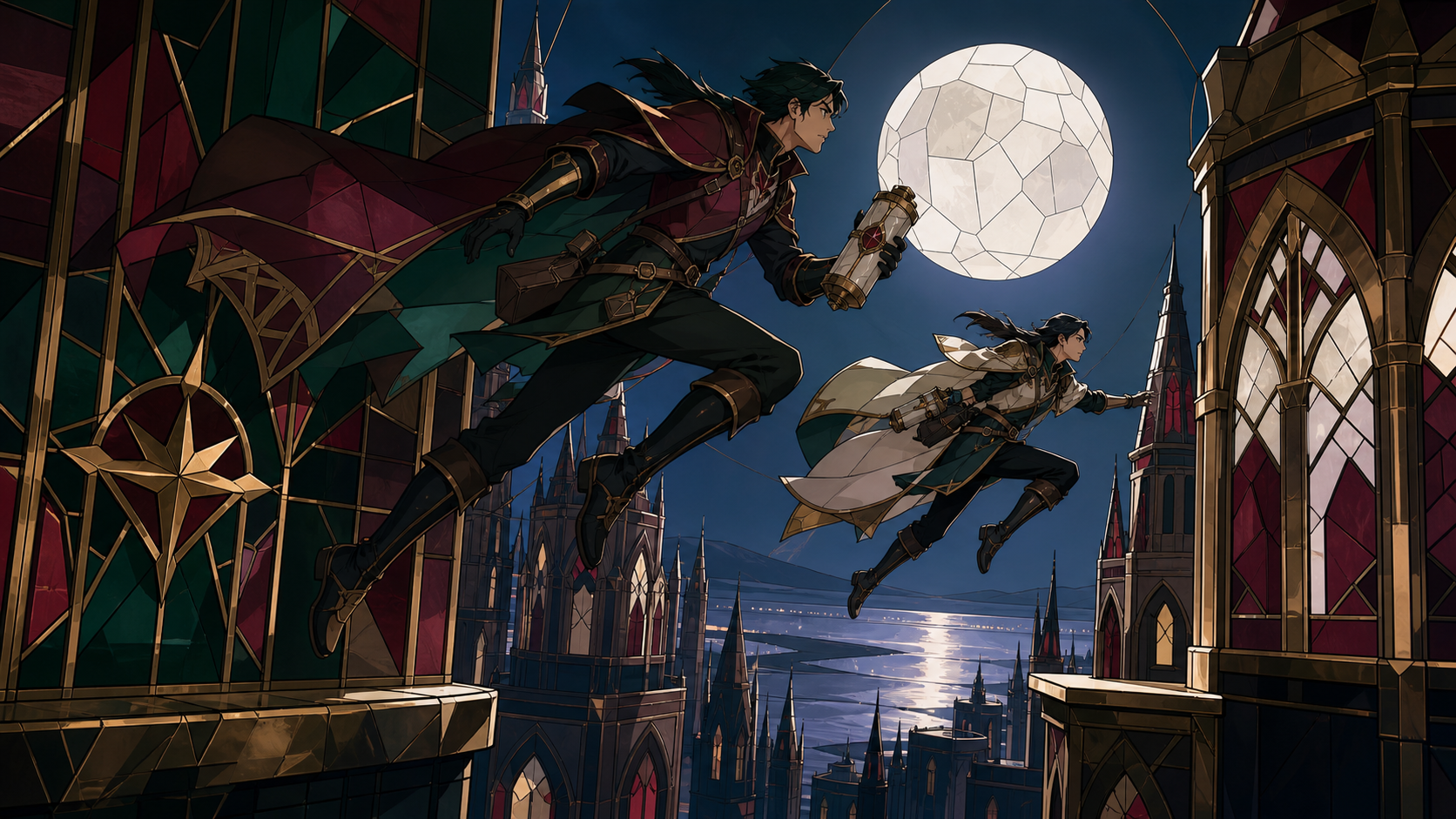 Two adult spell couriers leaping between moving towers to deliver a sealed remedy, captured at one clear tactical turning point. Wide action frame with a single unmistakable movement direction. Burgundy, midnight green, 