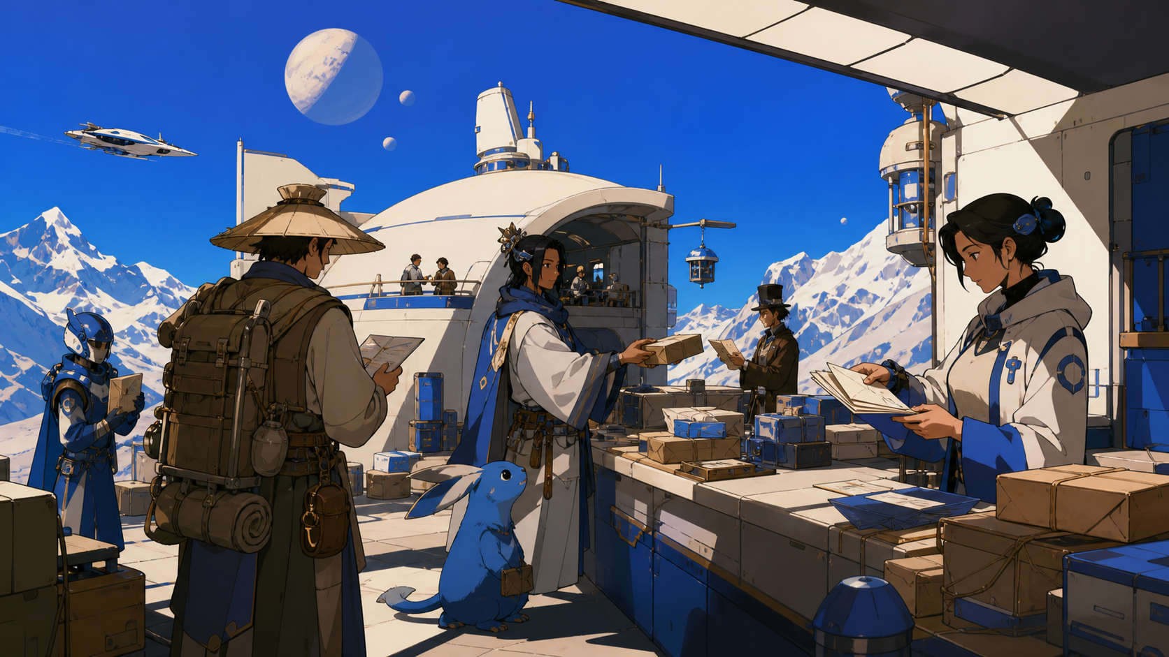 A mountain postal station serving travelers from several impossible centuries, during ordinary work rather than a royal ceremony or battlefield. Painterly historical scene centered on work, place, and atmosphere. Soft mo