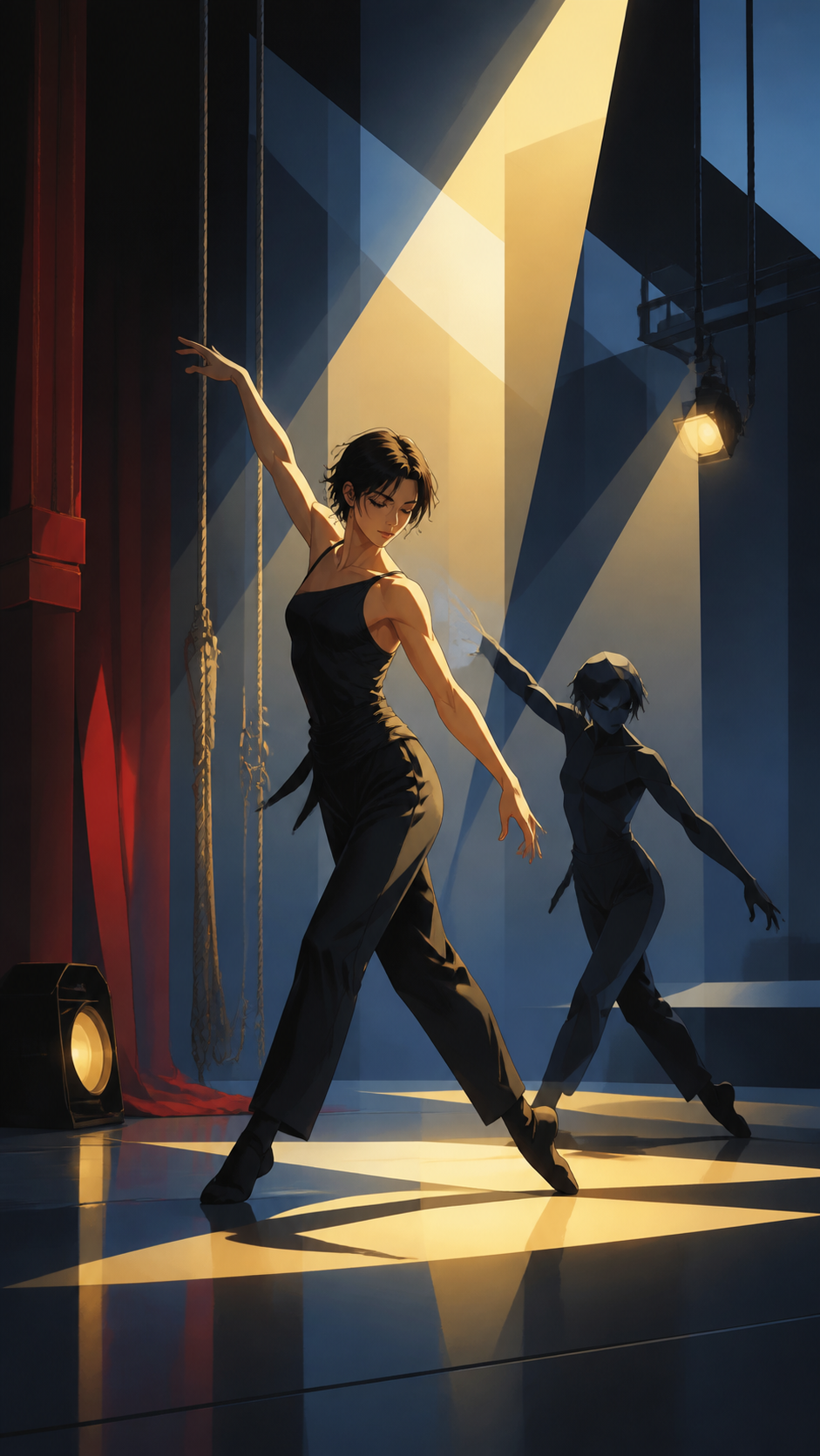 An adult contemporary dancer rehearsing with a shadow that learns the choreography late, during rehearsal with visible stagecraft adding to the charm. Close audience-level frame with one dancer crossing a strong pool of 