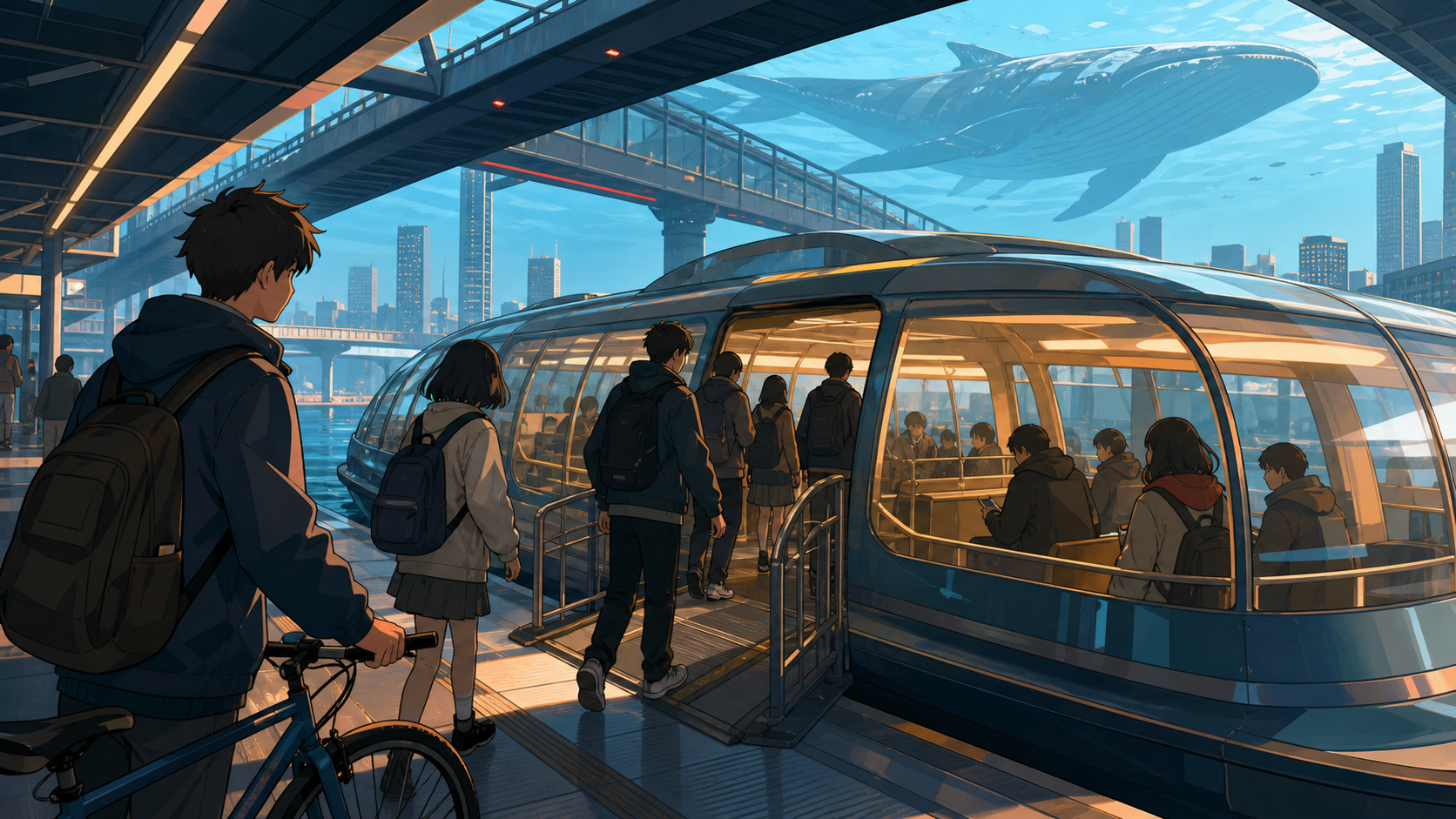 Teen commuters boarding a transparent ferry beneath glowing bridges, during an ordinary commute with one unexpected view. Wide station frame showing vehicle, platform, and multiple passenger stories. Amber, walnut brown,